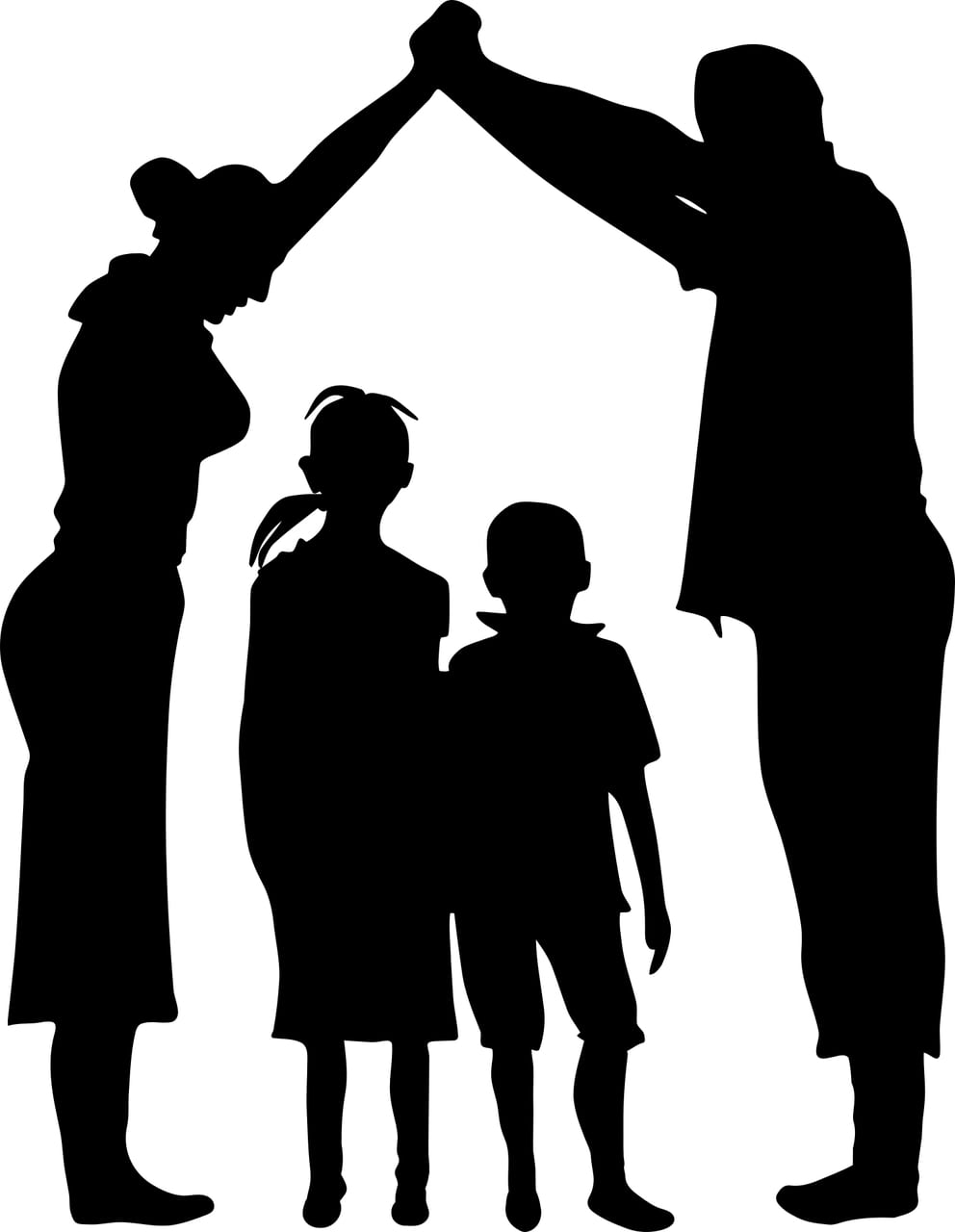 silhouette of a adults holding hands above the head of two children
