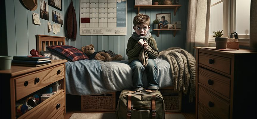 Boy sitting in room scared to go to moms house