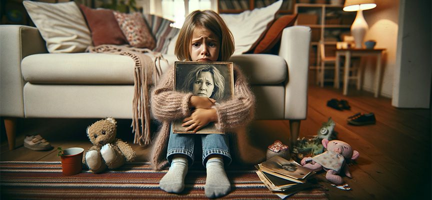 sad girl holding picture of mother in living room