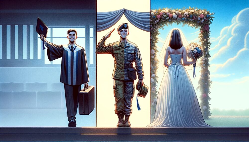 A child graduating, A child joining the military, and a child getting married A young adult graduating, joining the military and getting married
