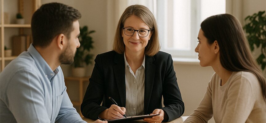 Mediation-vs-Arbitration A mediator sitting between opposing parties.